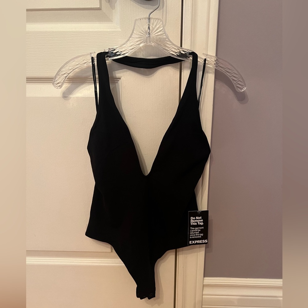 EXPRESS l Deep V Black Halter Top Bodysuit